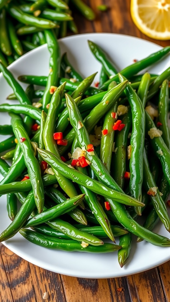Sautéed green beans in garlic and lemon on a white plate with red pepper flakes.
